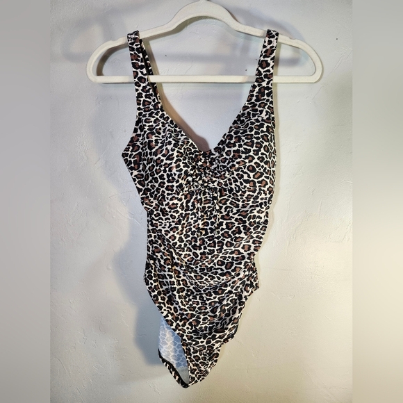 Leopard Print Aqua Green  One-Piece Tummy Control Padding Cinch Front Sz L - Picture 1 of 5